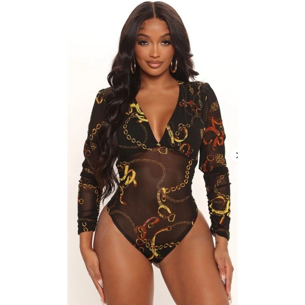 Sexy Mesh Bodysuit Black Gold Chain Print Women Size L Fashion Nova